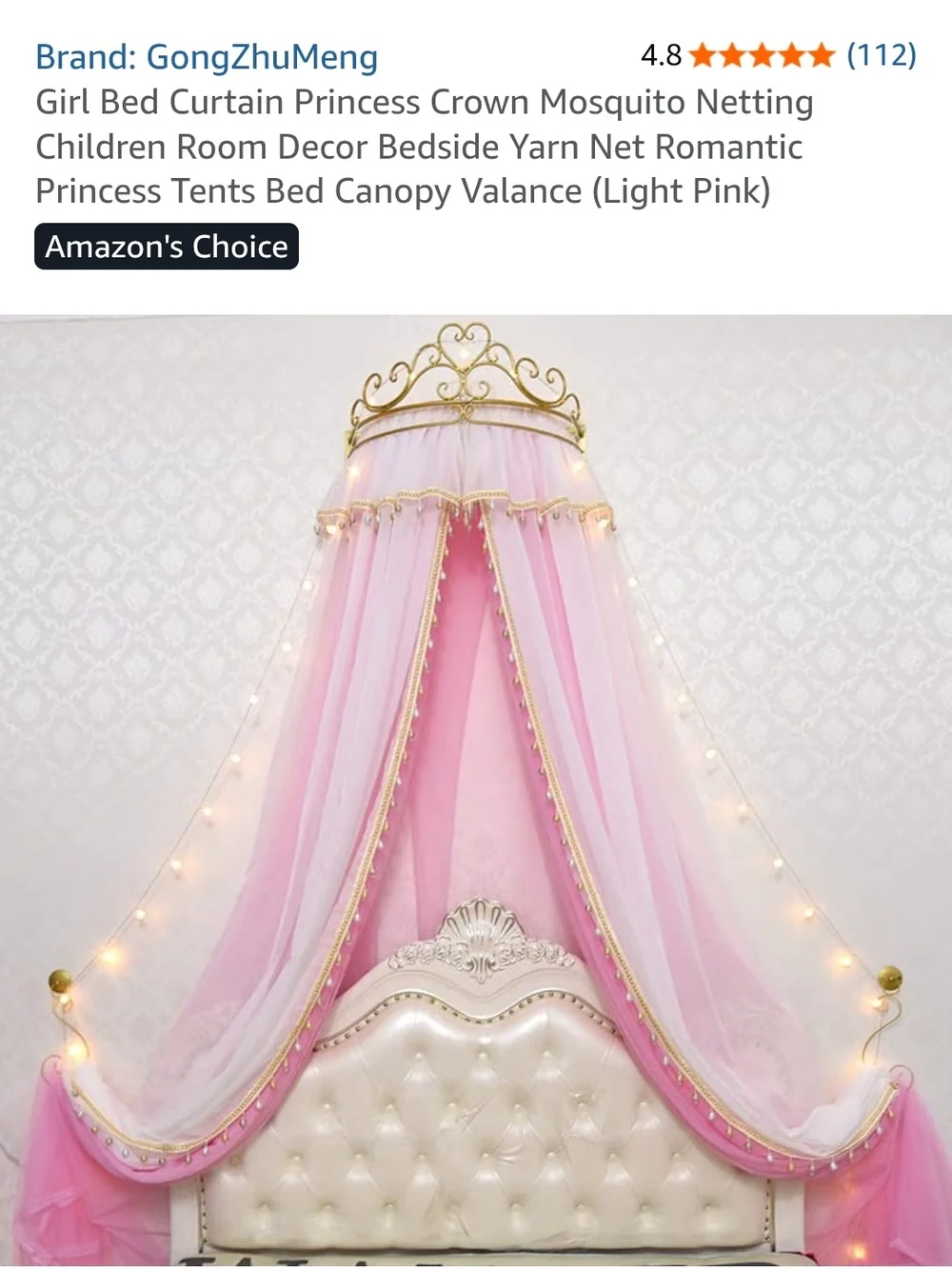Pink Princess Bed Canopy with Gold Crown